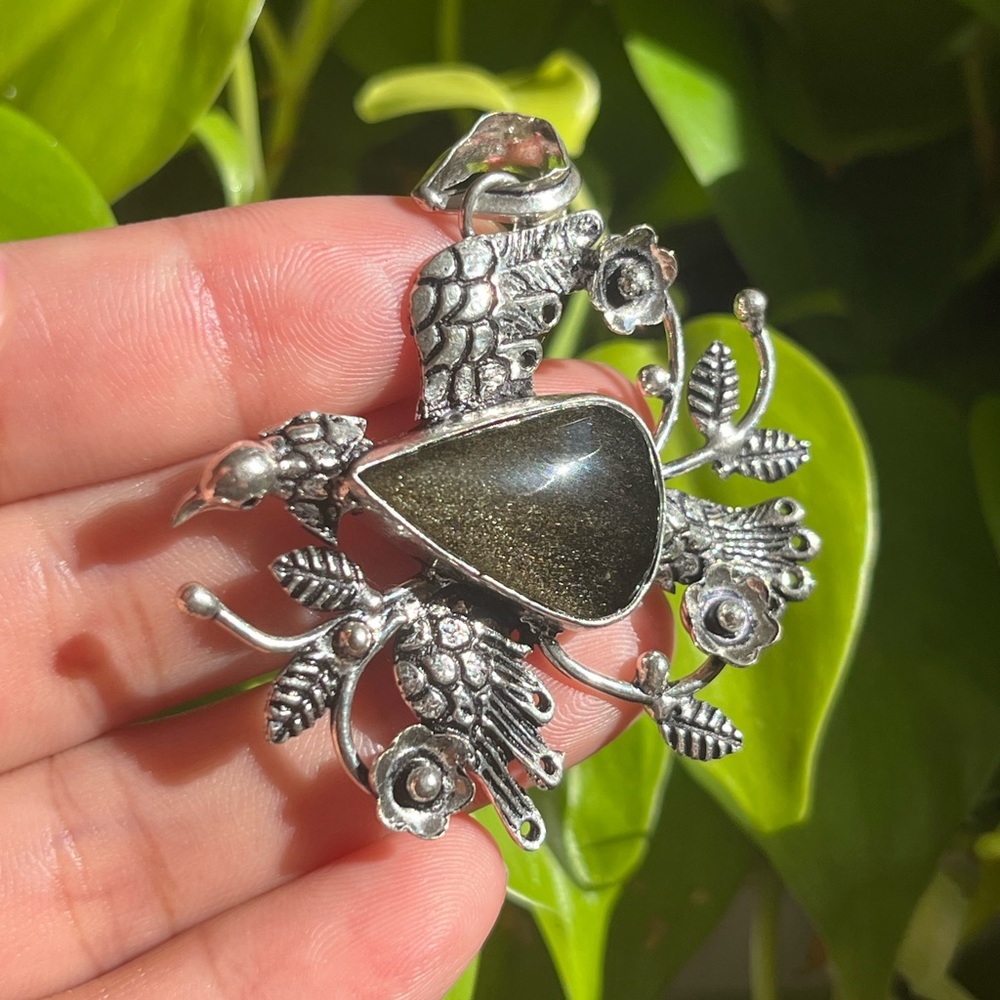 925 silver overlay gold obsidian bird pendant